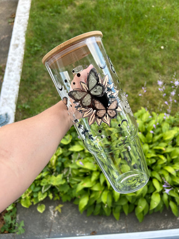 Sunflower Butterfly 40oz Clear Glass Tumbler