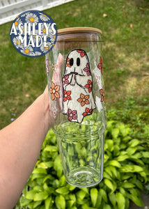 Floral Ghost Coffee 40oz Clear Glass Tumbler