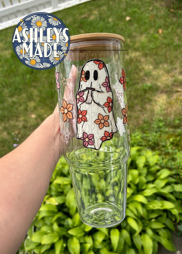 Floral Ghost Coffee 40oz Clear Glass Tumbler